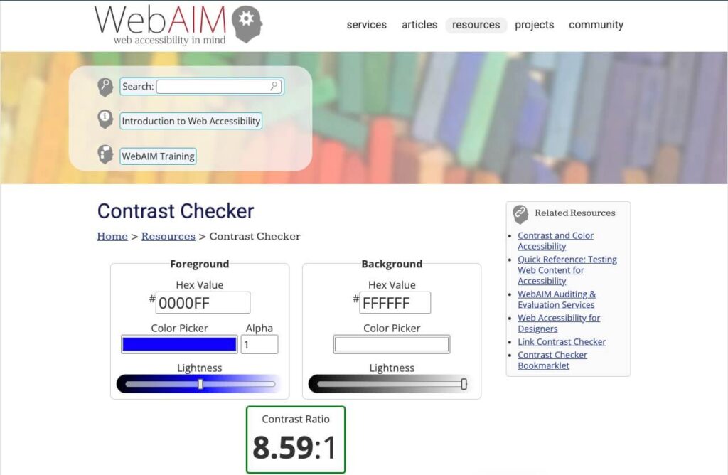 Tool online per accessibilità WebAIM Contrast Checker