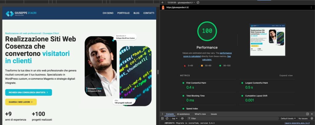 Test accessibilità web del sito giuseppedacri.it attraverso il tool Lighthouse integrato in Chorme DevTools
