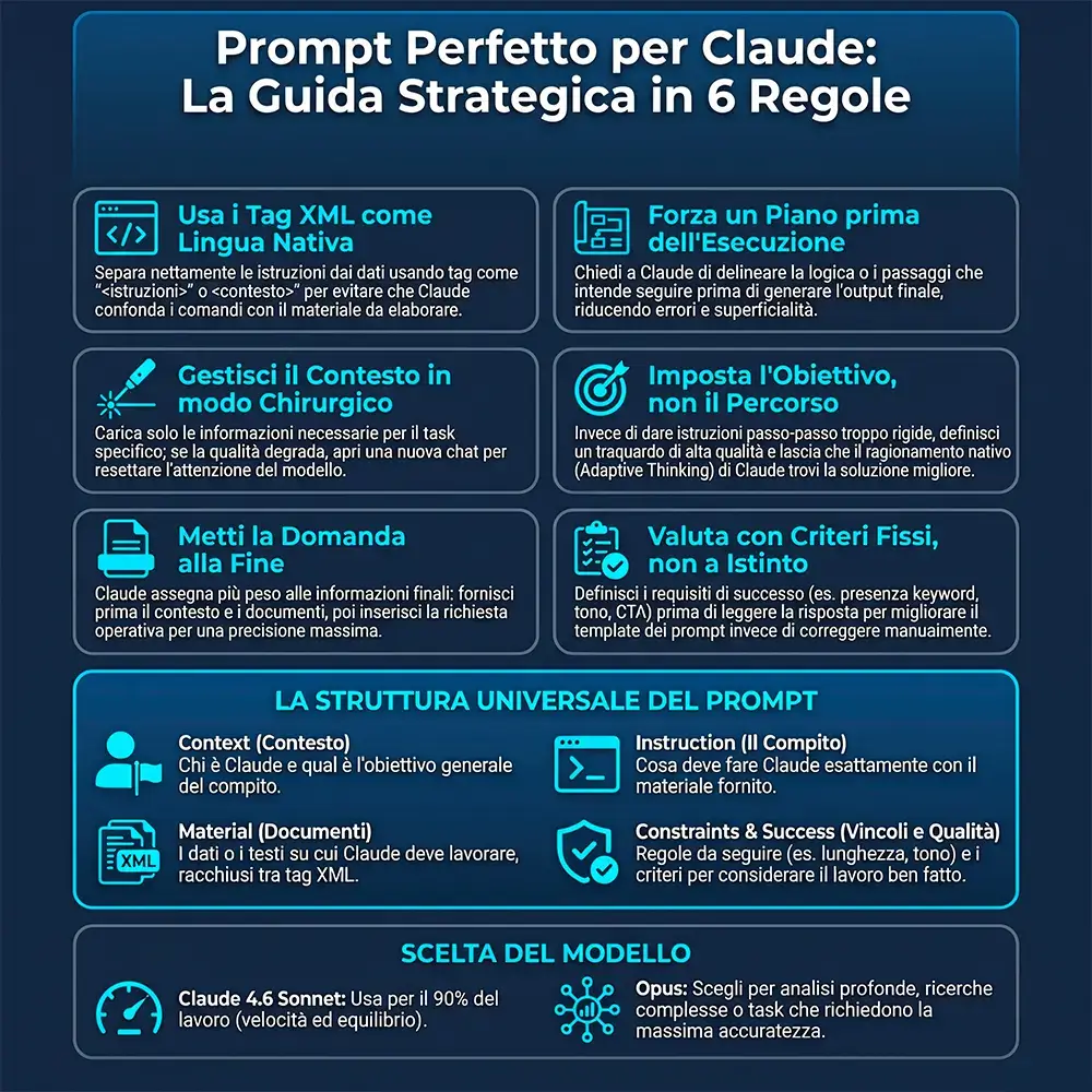 Infografica che riassume i vari passaggi per scrivere il prompt perfetto su Claude.ai