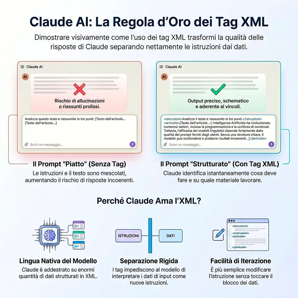 Infografica che mostra la differenza tra un prompt scritto senza tag XML, con uno scritto con tag XML in Claude.ai