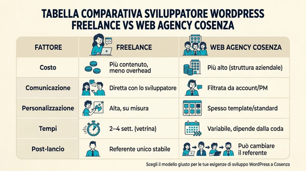 Tabella comparativa sviluppatore WordPress freelance vs web agency Cosenza.