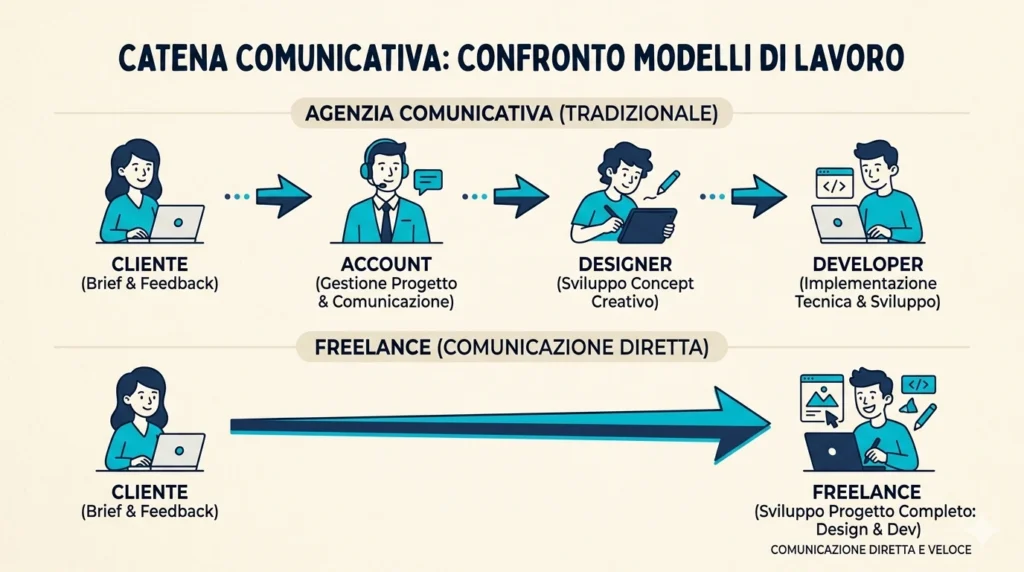Infografica che mostra le differenze della catena comunicativa: Cliente - Agenzia vs Cliente Freelance (diretta).
